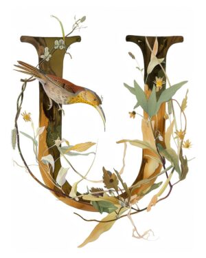 "U" Brown Botanical Bird Alphabet 8"x10" Art Print