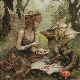 Tea Time for a Fairy and Her Pet Dragon Art Print