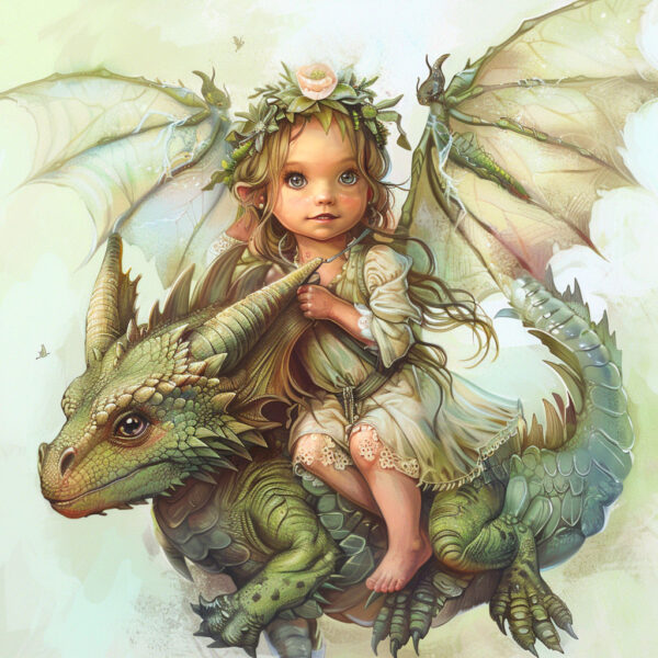 A Baby Fairy Riding Her Dragon Art Print