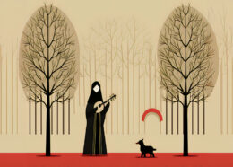 Folk Art Medieval Musician and Her Dog Art Print