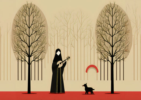 Folk Art Medieval Musician and Her Dog Art Print