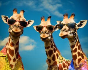 Three Giraffes in Sunglasses Art Print