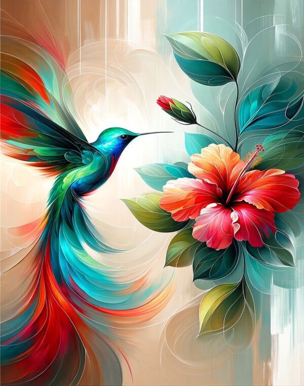 Expressionist Hummingbird and Hibiscus