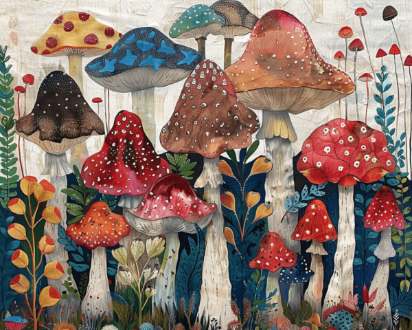 Folk Art Style Mushroom Art Print