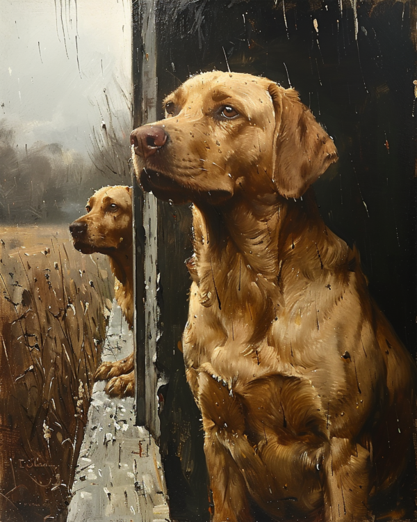 Two Dogs Sheltering in the Rain