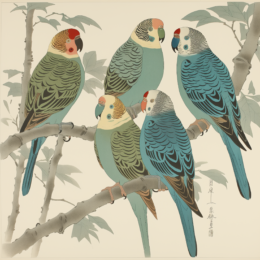 Five Parakeets Asian Art Print