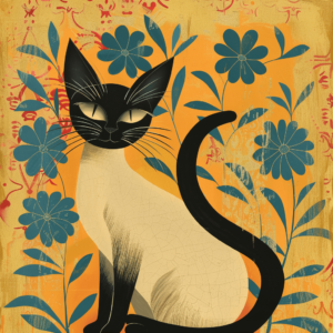 Floral Folk Art Style Siamese Cat Art Print