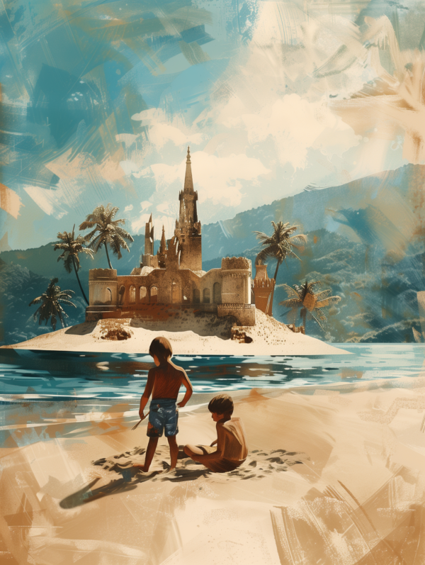 2 boys and a sandcastle house 8x8 art print