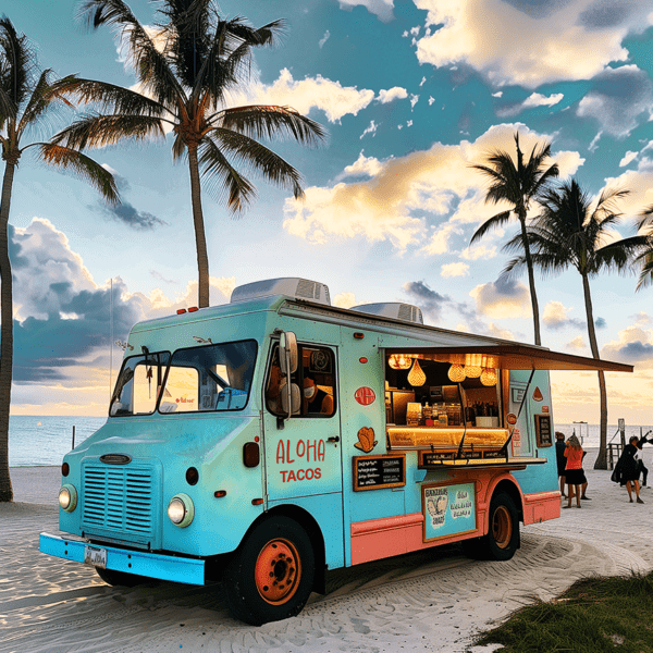 Vintage Beach at Dusk Food Truck 8x8 Art Print