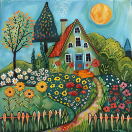 Blue Cottage with Garden Folk Art Print