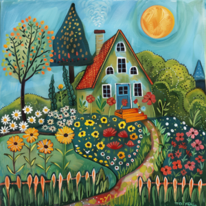 Blue Cottage with Garden Folk Art Print