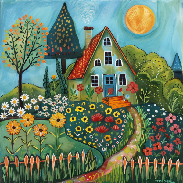 Blue Cottage with Garden Folk Art Print