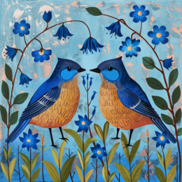 Bluebirds and Bluebells Folk Art Print