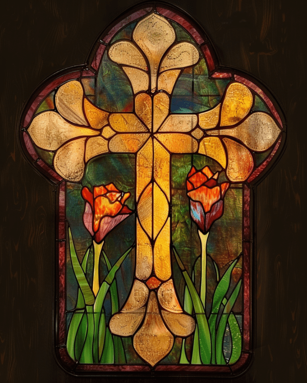 Stained Glass Christian Cross with Tulips Art Print