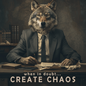 Wolf Humor - When in Doubt, Create Chaos Businessman Wolf at Desk