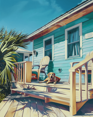 Dog Sunbathing on Beach House Porch 8x10 Art Print