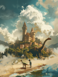 Boy and dinosaur with a sandcastle house 8x8 art print