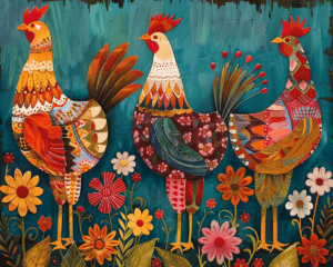 Three Folk Art Chickens Art Print