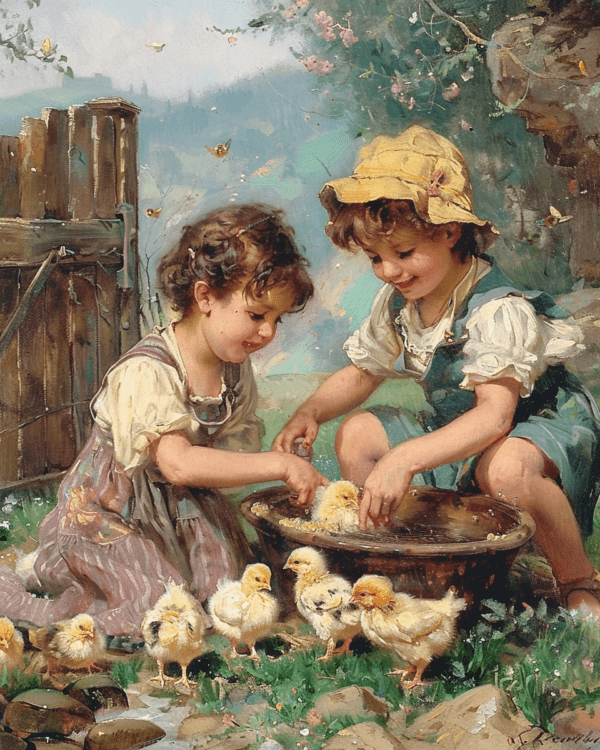 Vintage Young Children with Chicks Art Print