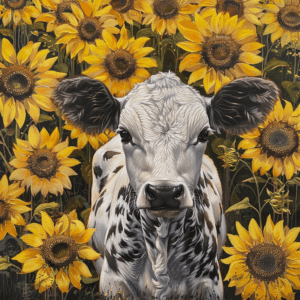 Calf in Sunflower Field Art Print