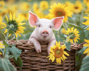 Cute Piglet and Sunflowers Art Print