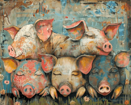 Five Content Pigs Art Print