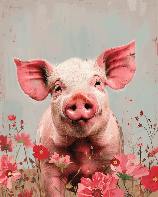 Pig with Pink Flowers Art Print