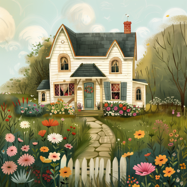 Farmhouse with Garden Folk Art Print