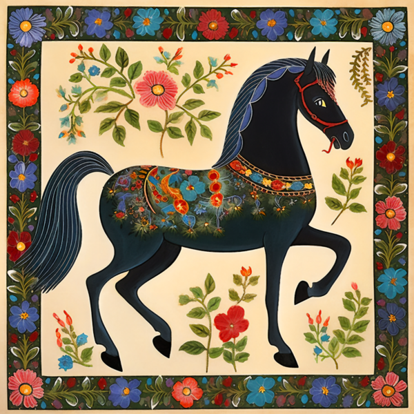 Midnight Stallion - Folk Art Style - Art Print