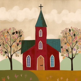 Church on the Hill - Folk Art Style - Art Print