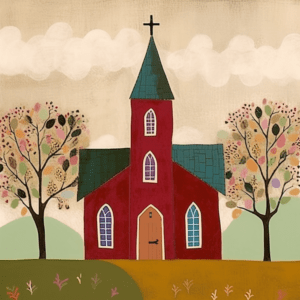 Church on the Hill - Folk Art Style - Art Print