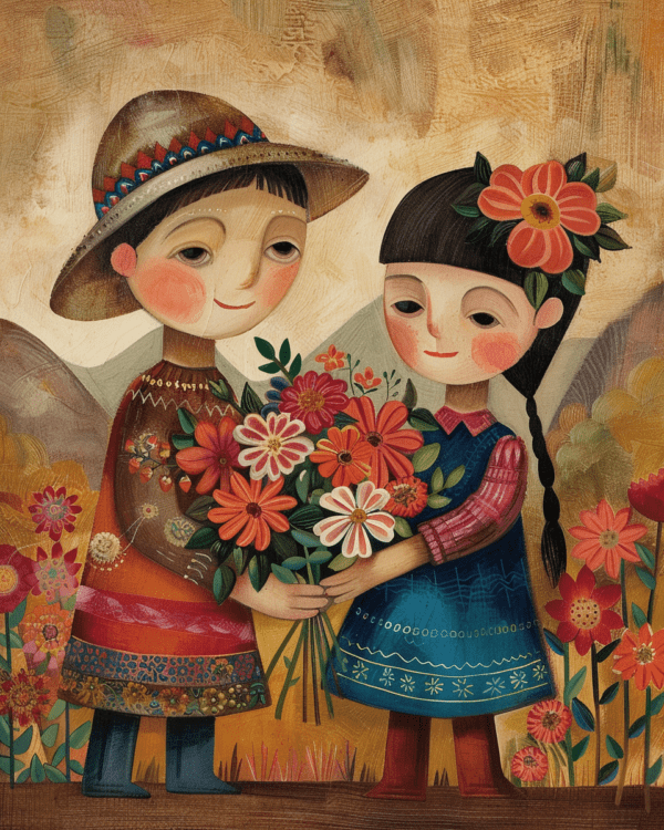 Folk Art Style Love Blooms Art Print