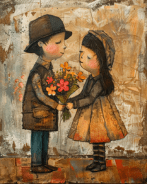 Folk Art Style - Little Sweethearts Art Print