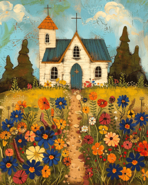 Folk Art Style Country Church Charm Art Print