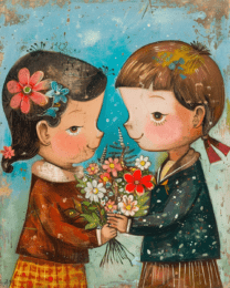 Folk Art Style - Blooming Together Art Print