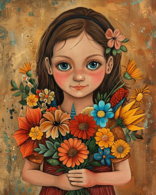 Wide-Eyed Wonder - Folk Art Style - Blooming Curiosity 8"x10" Art Print