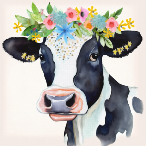 Cow Crowned with Flowers - Folk Art Style - Art Print