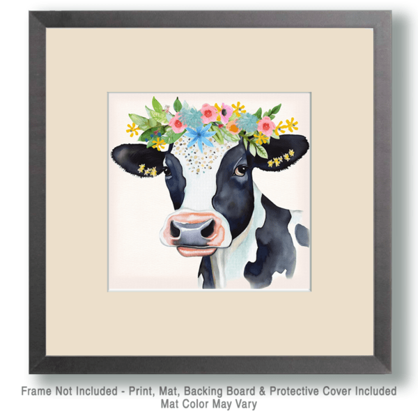 Folk Art Style Cow Crowned with Flowers