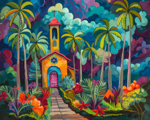 Island Sanctuary Tropical Church Landscape Art Print