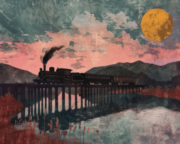 Vintage Train on Bridge Landscape Art Print