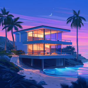 Night time beach House 8x8 Art Print