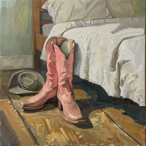 Pink Cowgirl Boots by Bed Art Print