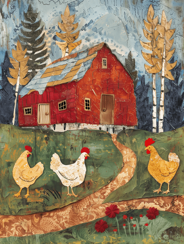 Collage Barn Chickens Art Print