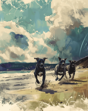 Three Black Dogs on Beach 8x10 Art Print