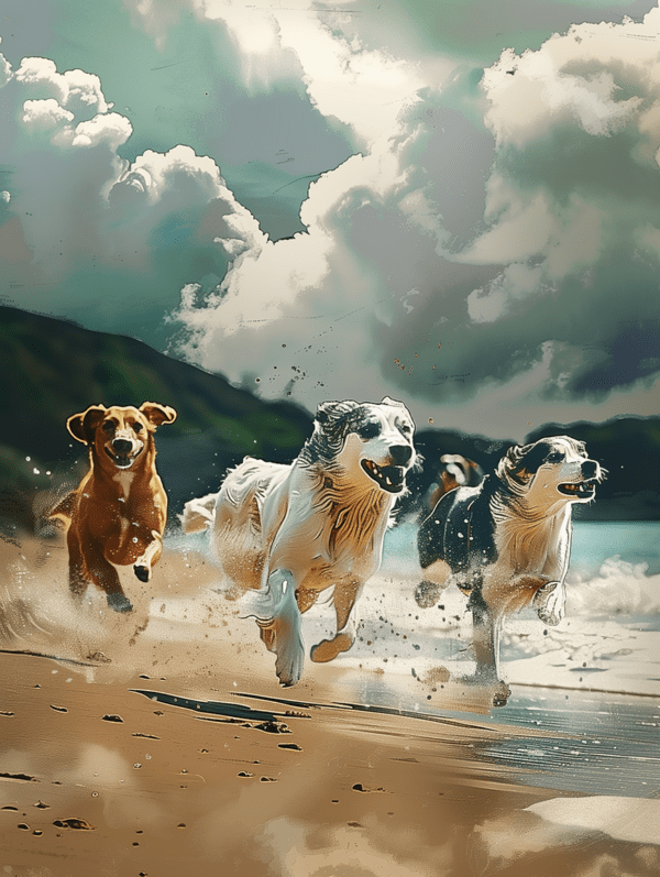 Three Dogs Running Beachside 8x10 Art Print