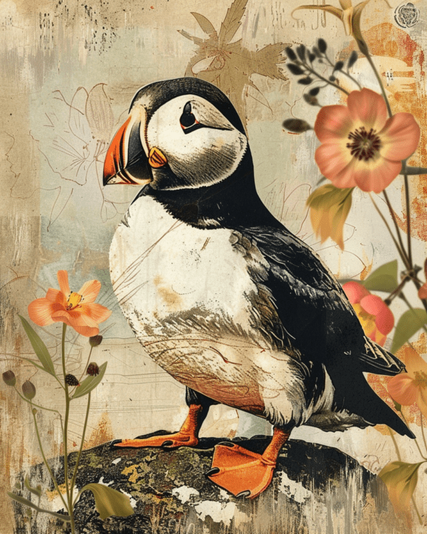 Vintage Puffin Mixed Media Art Print