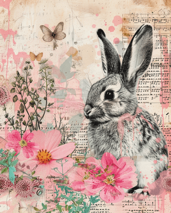 Vintage Rabbit Mixed Media Art Print