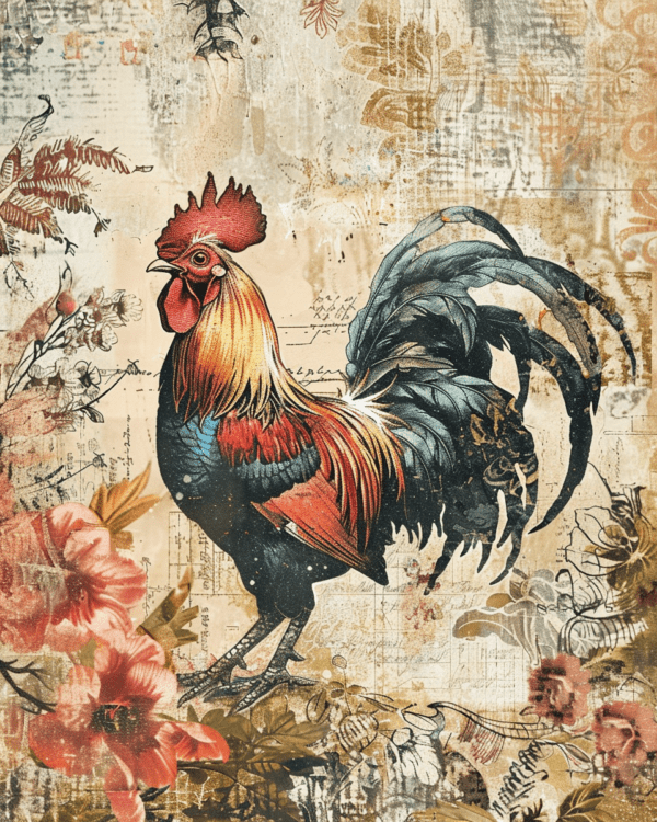 Vintage Rooster Mixed Media Art Print