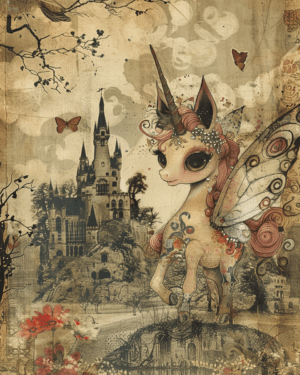 Vintage Unicorn Mixed Media Art Print