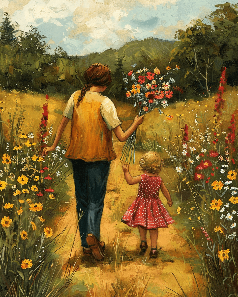 Folk Art Style - Mother & Daughter Collect Wildflowers in a Field Art Print